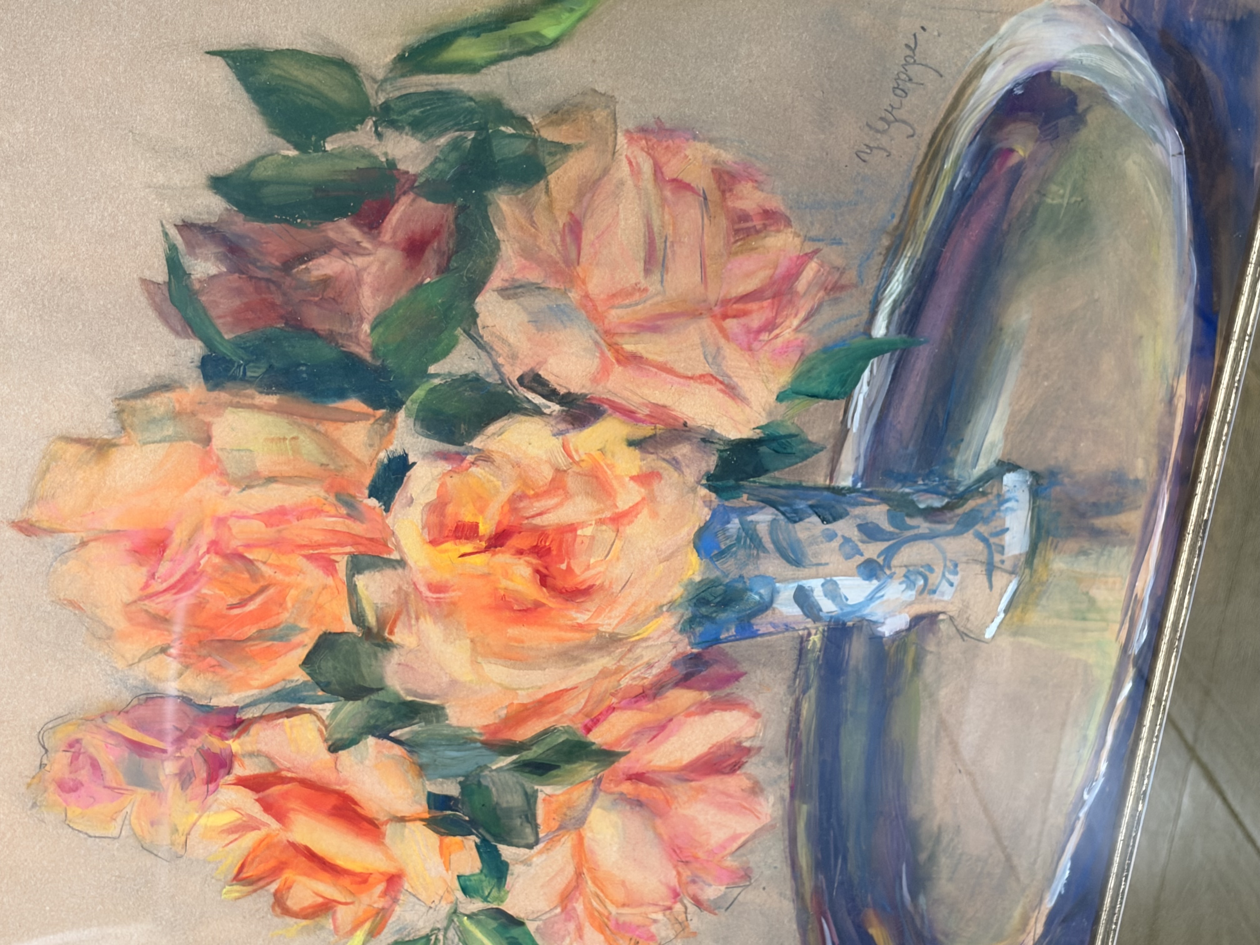 Großes Blumenstillleben Aquarell signiert Hoppe – Original Vintage Bild im Goldrahmen 2