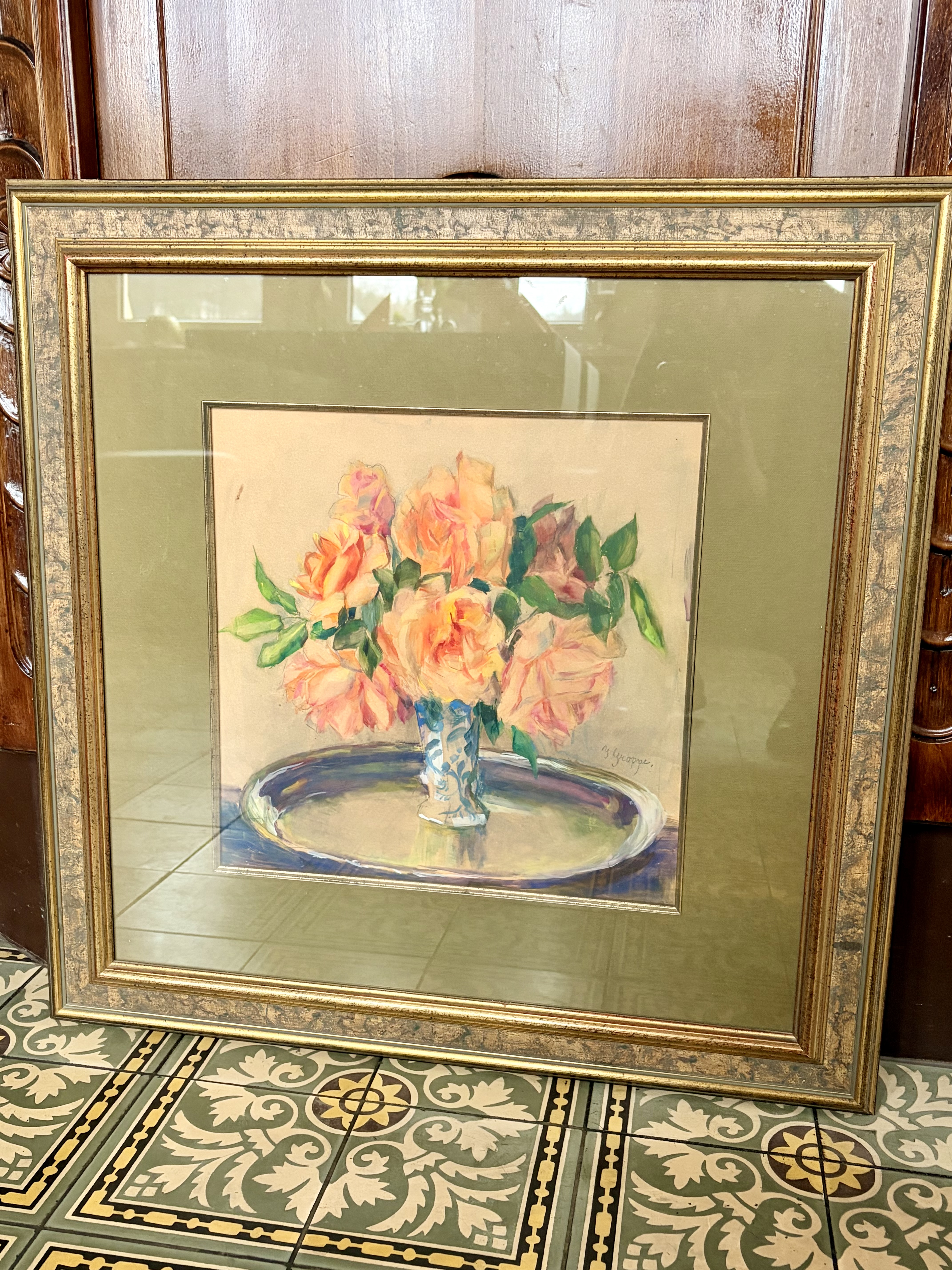 Großes Blumenstillleben Aquarell signiert Hoppe – Original Vintage Bild im Goldrahmen image